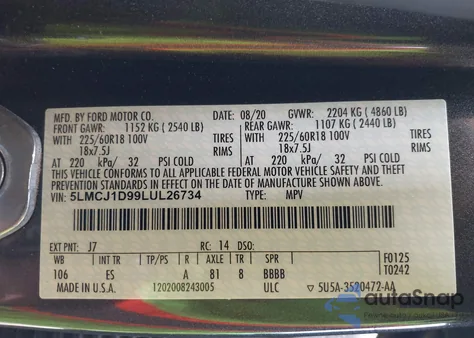 2020 Lincoln Corsair Standard from USA, damaged, VIN 5LMCJ1D99LUL26734